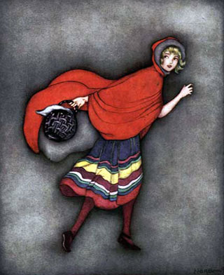 An illustration of Little Red Riding Hood carrying a basket. An illustration of Little Red Riding Hood carrying a basket.