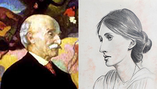 Two portraits of an old man on the left and a woman wearing a hair bun on the right.