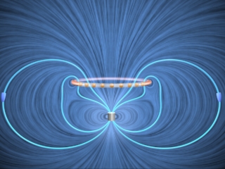 Visualization showing purple magnet with blue field lines curving around it.