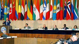 Economic leaders in a large conference room filled with international flags. Economic leaders in a large conference room filled with international flags.